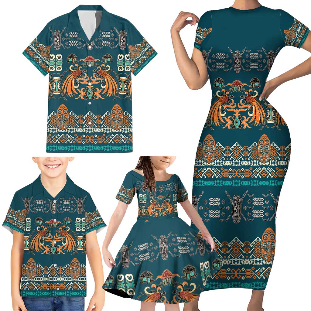 Dark Cyan Blue Batik Papua-inspired Pattern Family Matching Short Sleeve Bodycon Dress and Hawaiian Shirt - Polynesian Pride