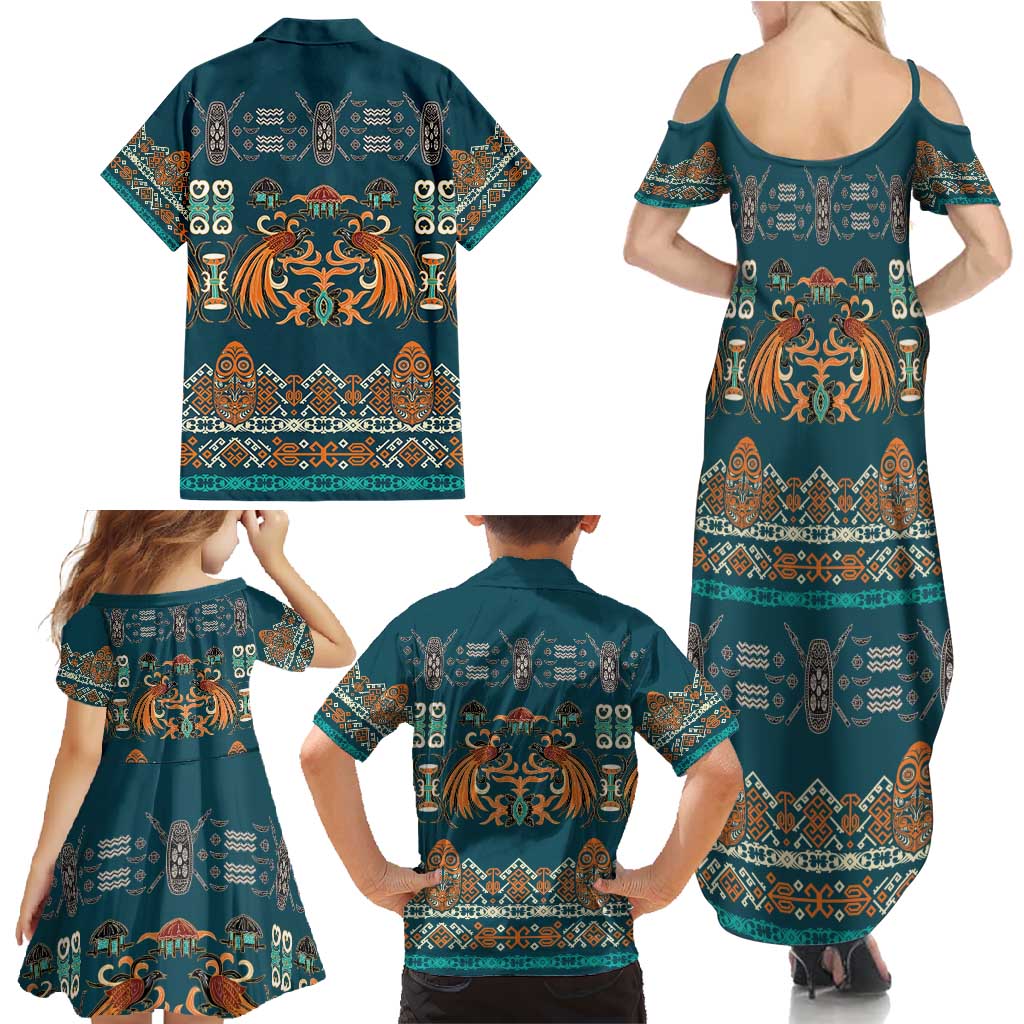 Dark Cyan Blue Batik Papua-inspired Pattern Family Matching Summer Maxi Dress and Hawaiian Shirt - Polynesian Pride