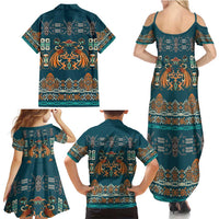 Dark Cyan Blue Batik Papua-inspired Pattern Family Matching Summer Maxi Dress and Hawaiian Shirt - Polynesian Pride
