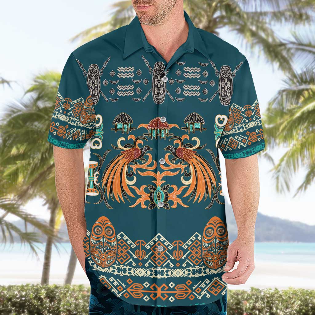 Dark Cyan Blue Batik Papua-inspired Pattern Hawaiian Shirt - Polynesian Pride