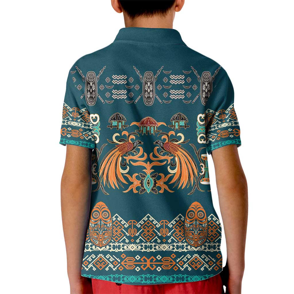 Dark Cyan Blue Batik Papua-inspired Pattern Kid Polo Shirt - Polynesian Pride
