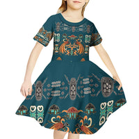 Dark Cyan Blue Batik Papua-inspired Pattern Kid Short Sleeve Dress - Polynesian Pride