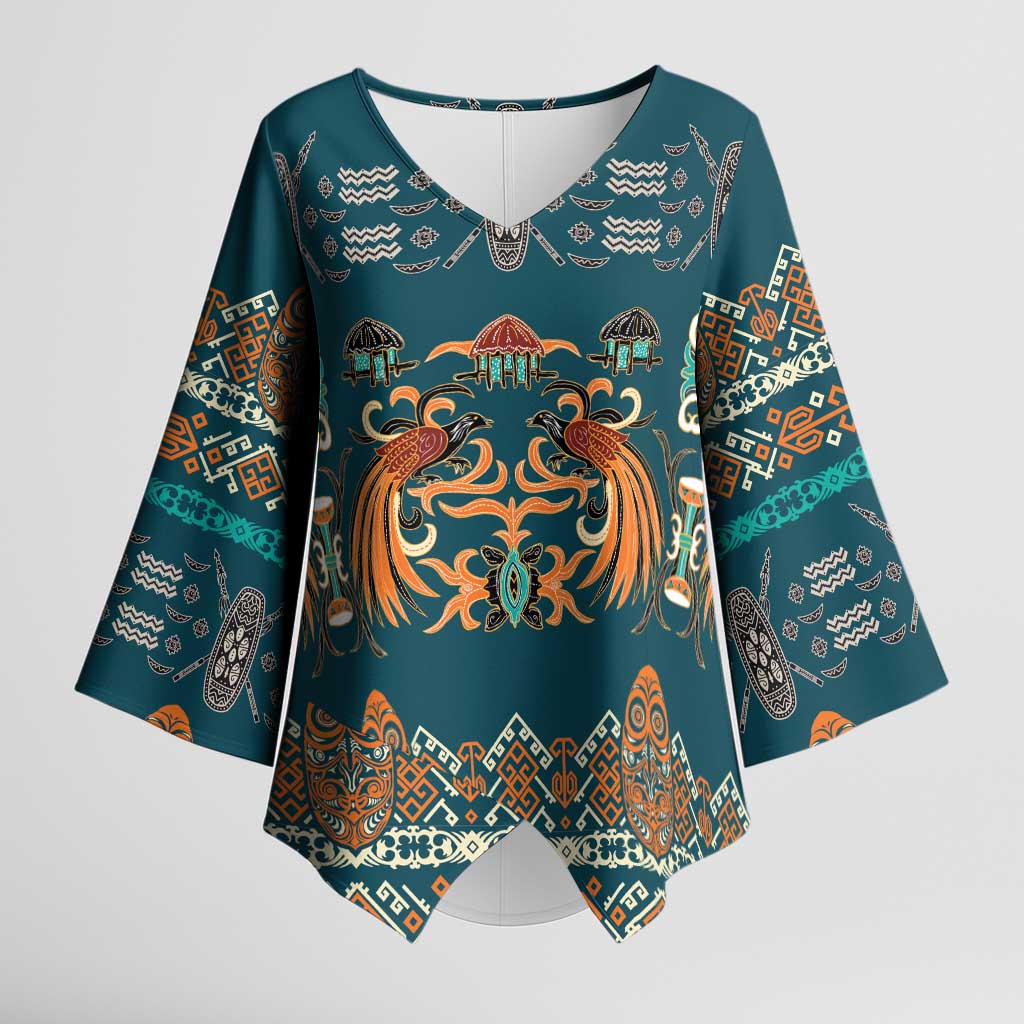 Dark Cyan Blue Batik Papua-inspired Pattern Kimono Sleeve Blouse LT9 Female Blue - Polynesian Pride