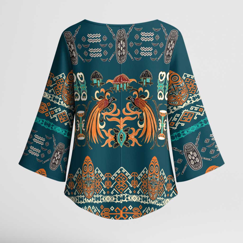 Dark Cyan Blue Batik Papua-inspired Pattern Kimono Sleeve Blouse LT9 - Polynesian Pride