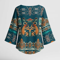 Dark Cyan Blue Batik Papua-inspired Pattern Kimono Sleeve Blouse LT9 - Polynesian Pride