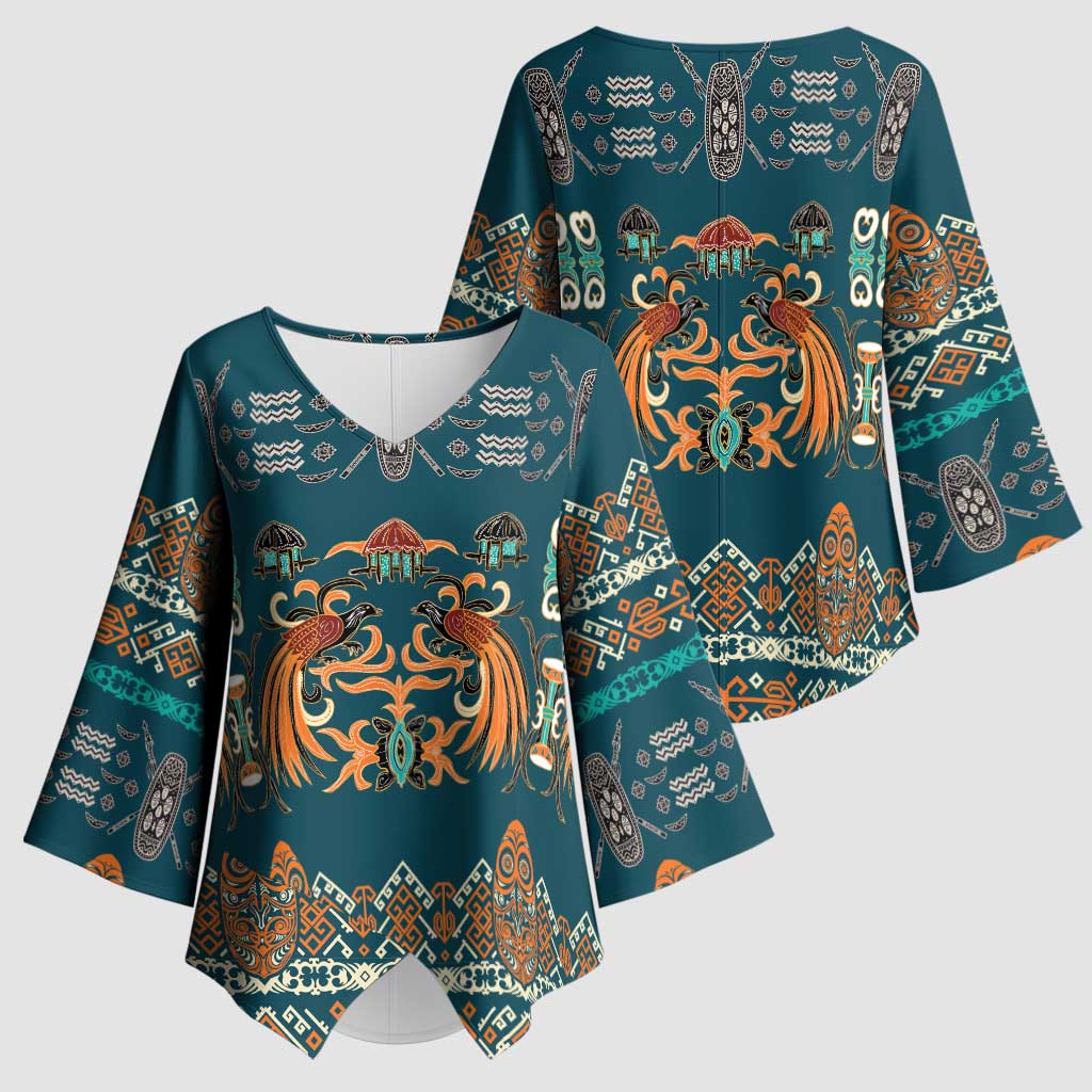 Dark Cyan Blue Batik Papua-inspired Pattern Kimono Sleeve Blouse LT9 - Polynesian Pride
