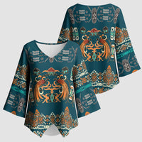 Dark Cyan Blue Batik Papua-inspired Pattern Kimono Sleeve Blouse LT9 - Polynesian Pride