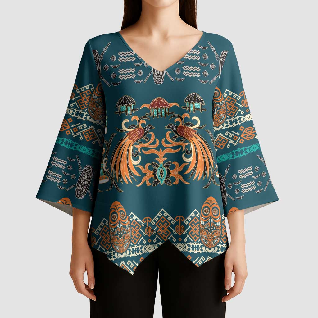 Dark Cyan Blue Batik Papua-inspired Pattern Kimono Sleeve Blouse LT9 - Polynesian Pride