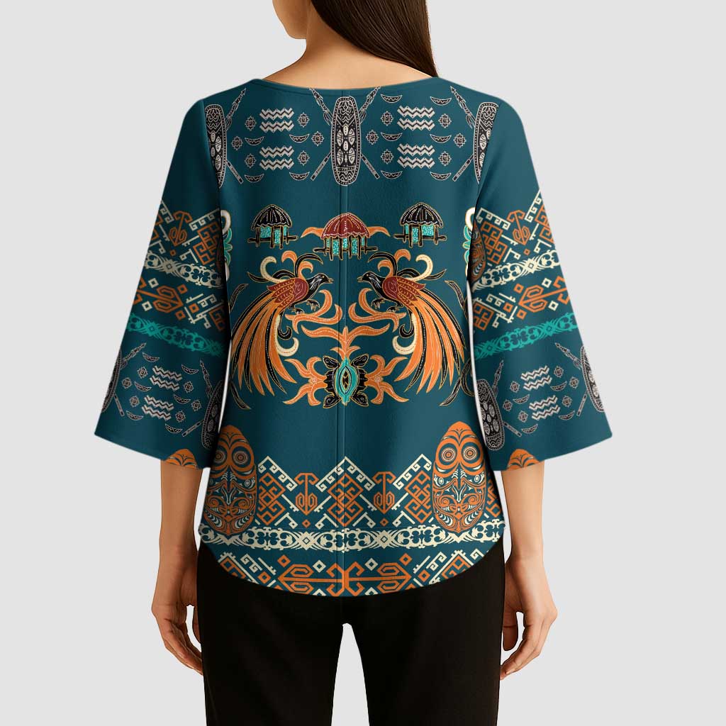 Dark Cyan Blue Batik Papua-inspired Pattern Kimono Sleeve Blouse LT9 - Polynesian Pride