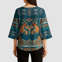 Dark Cyan Blue Batik Papua-inspired Pattern Kimono Sleeve Blouse LT9 - Polynesian Pride
