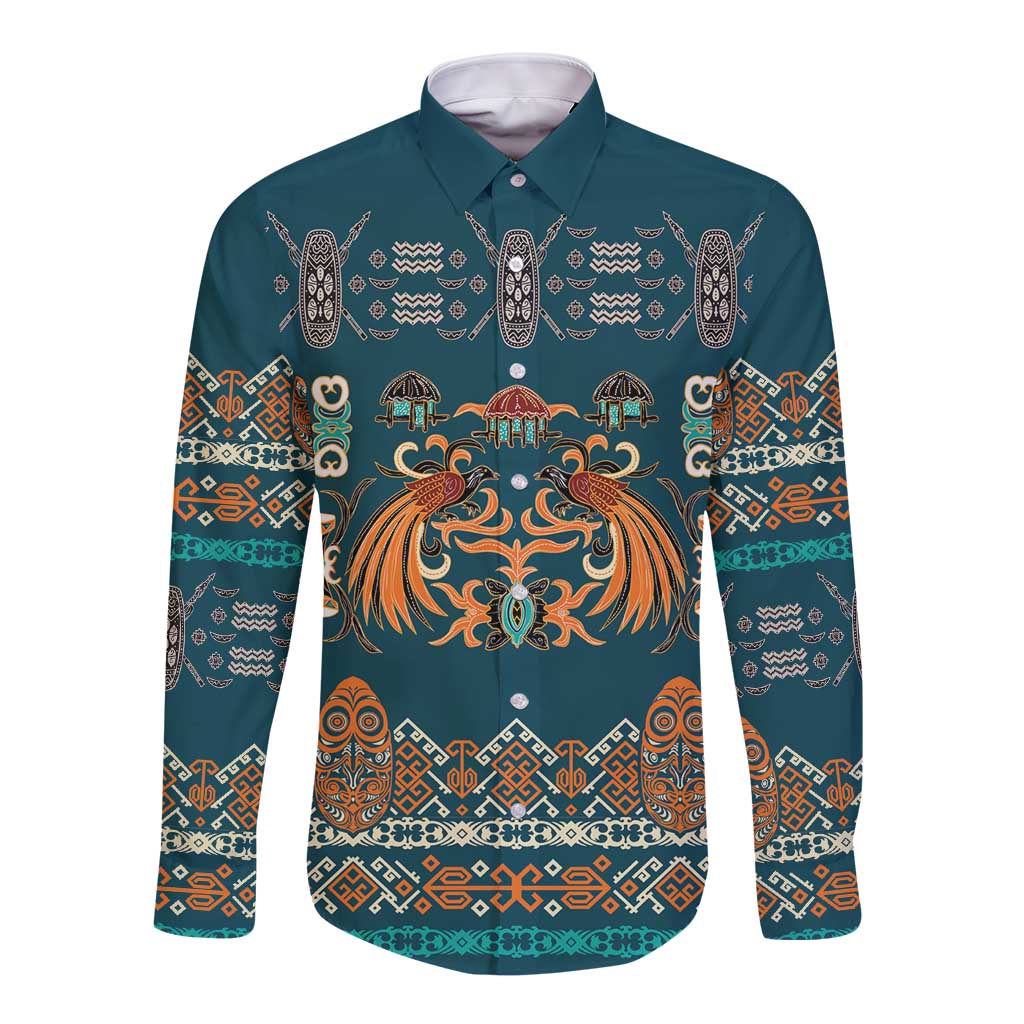 Dark Cyan Blue Batik Papua-inspired Pattern Long Sleeve Button Shirt LT9 Unisex Blue - Polynesian Pride