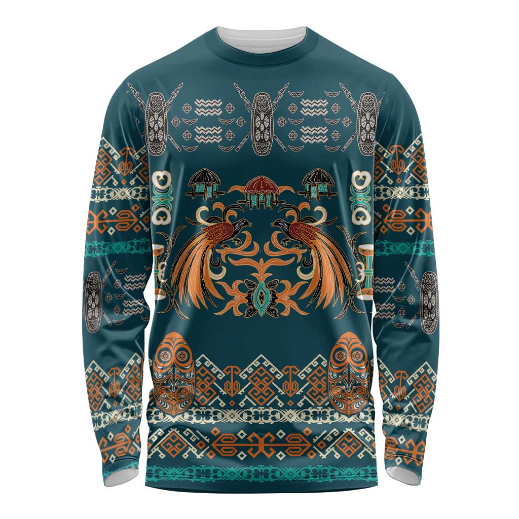 Dark Cyan Blue Batik Papua-inspired Pattern Long Sleeve Shirt - Polynesian Pride