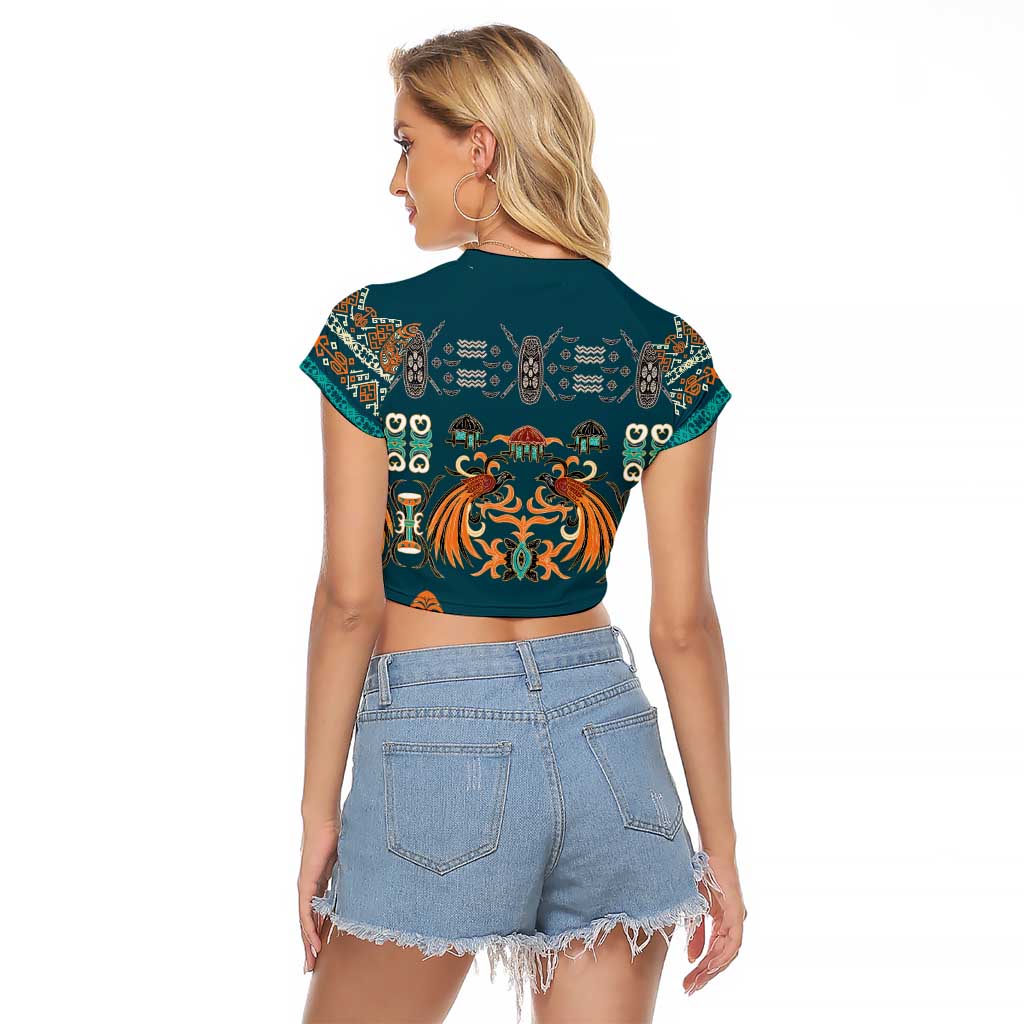 Dark Cyan Blue Batik Papua-inspired Pattern Raglan Cropped T Shirt - Polynesian Pride