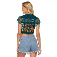 Dark Cyan Blue Batik Papua-inspired Pattern Raglan Cropped T Shirt - Polynesian Pride