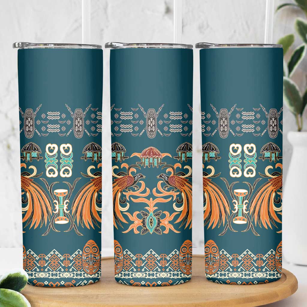 Dark Cyan Blue Batik Papua-inspired Pattern Skinny Tumbler - Polynesian Pride