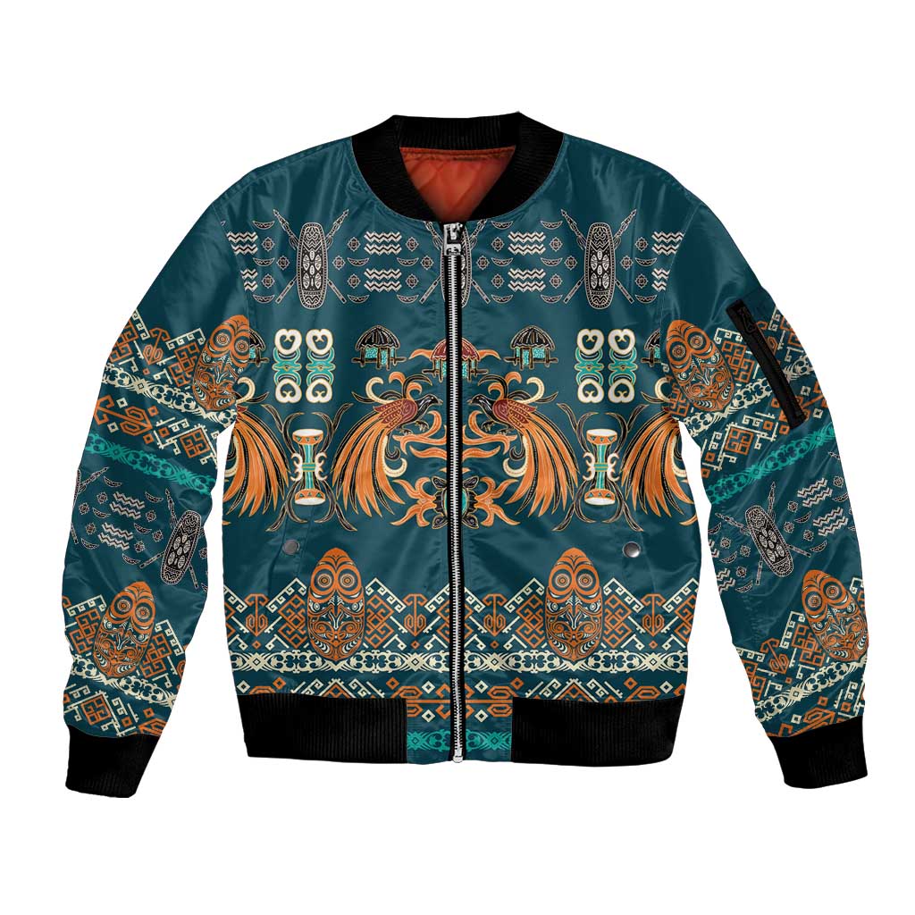 Dark Cyan Blue Batik Papua-inspired Pattern Sleeve Zip Bomber Jacket - Polynesian Pride