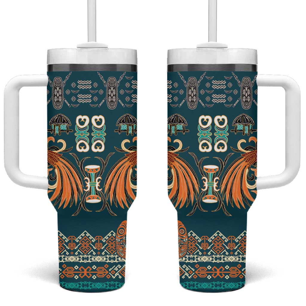Dark Cyan Blue Batik Papua-inspired Pattern Tumbler With Handle - Polynesian Pride