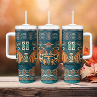 Dark Cyan Blue Batik Papua-inspired Pattern Tumbler With Handle - Polynesian Pride