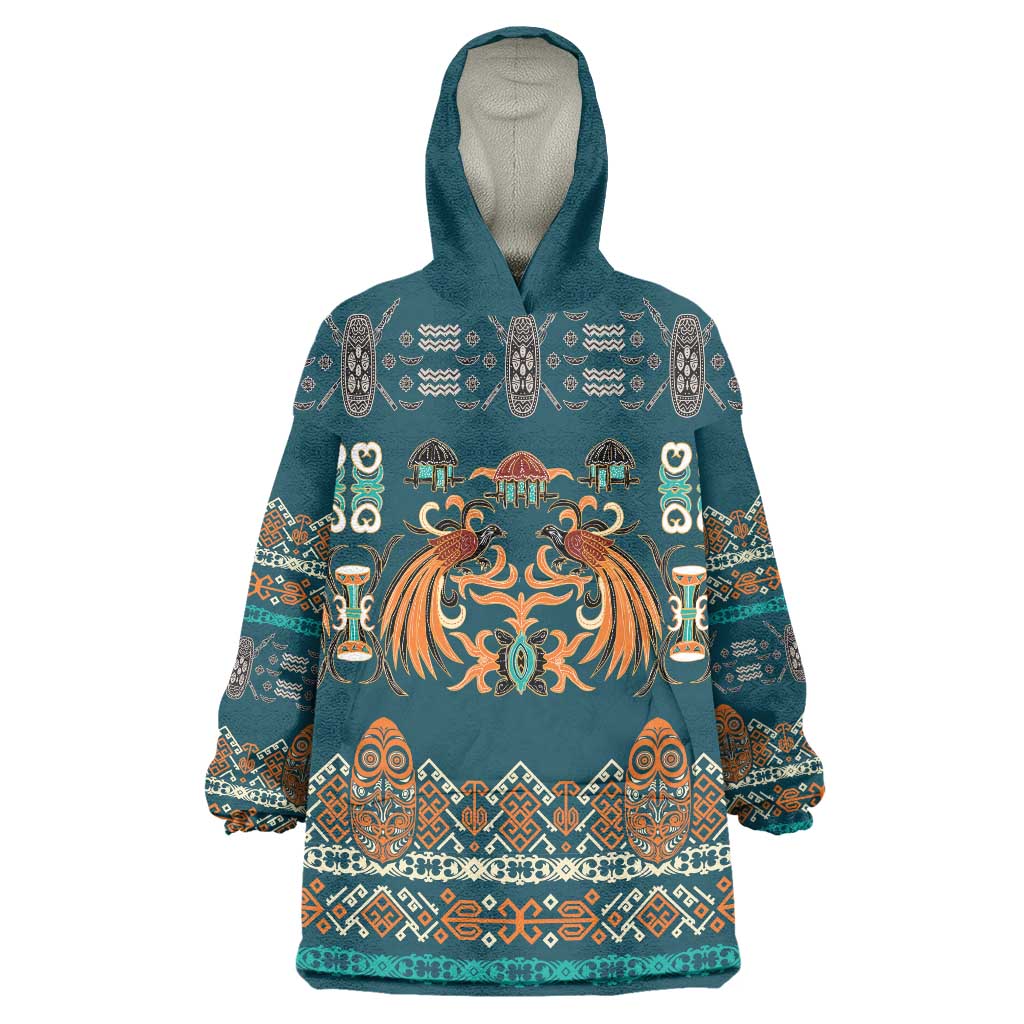 Dark Cyan Blue Batik Papua-inspired Pattern Wearable Blanket Hoodie - Polynesian Pride