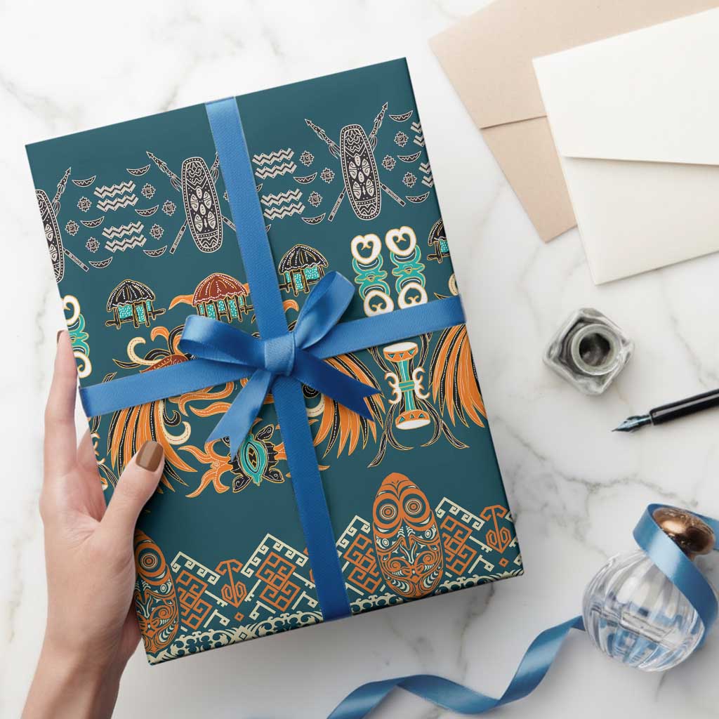 Dark Cyan Blue Batik Papua-inspired Pattern Wrapping Paper - Polynesian Pride