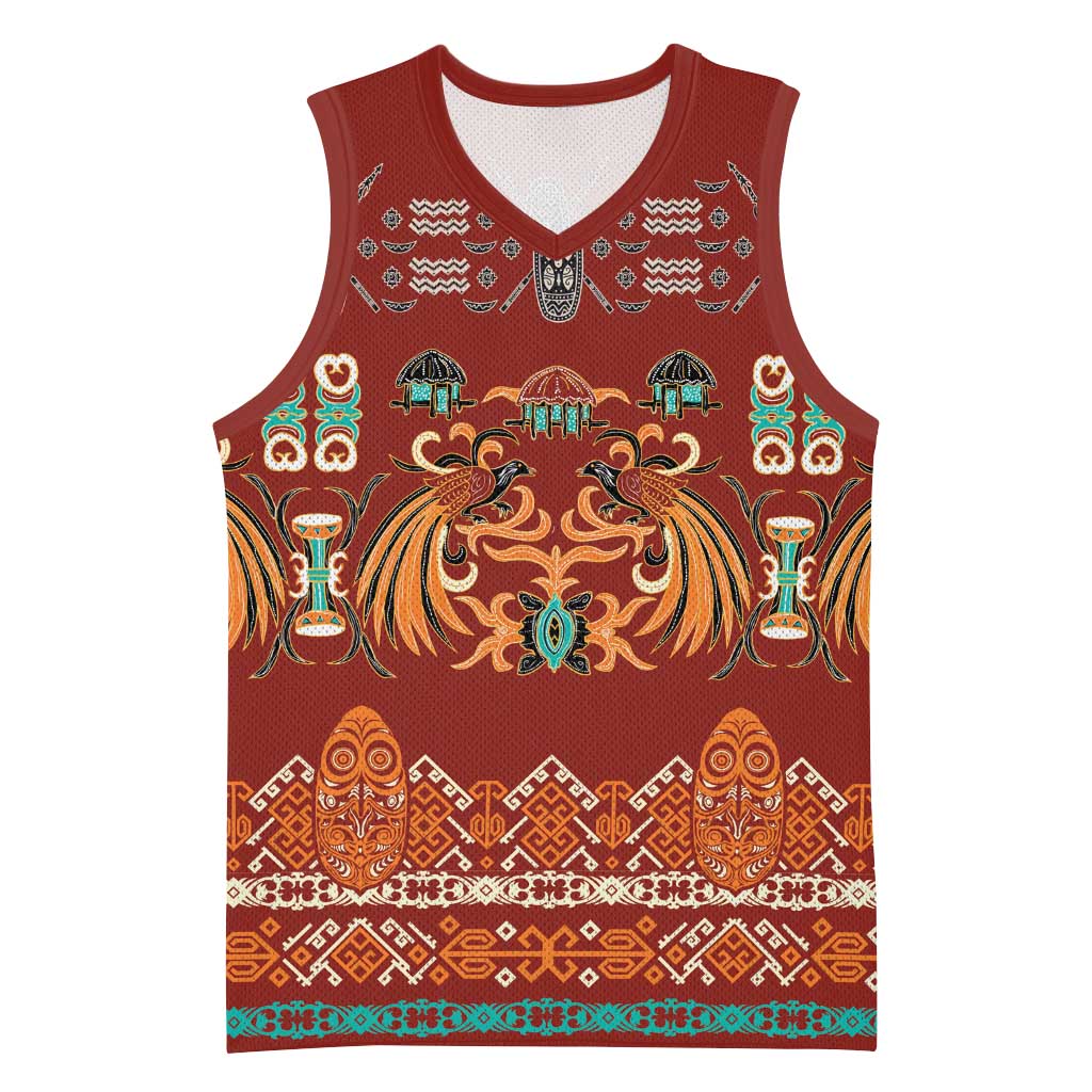 Oxblood Batik Papua-inspired Pattern Basketball Jersey LT9 Unisex Red - Polynesian Pride