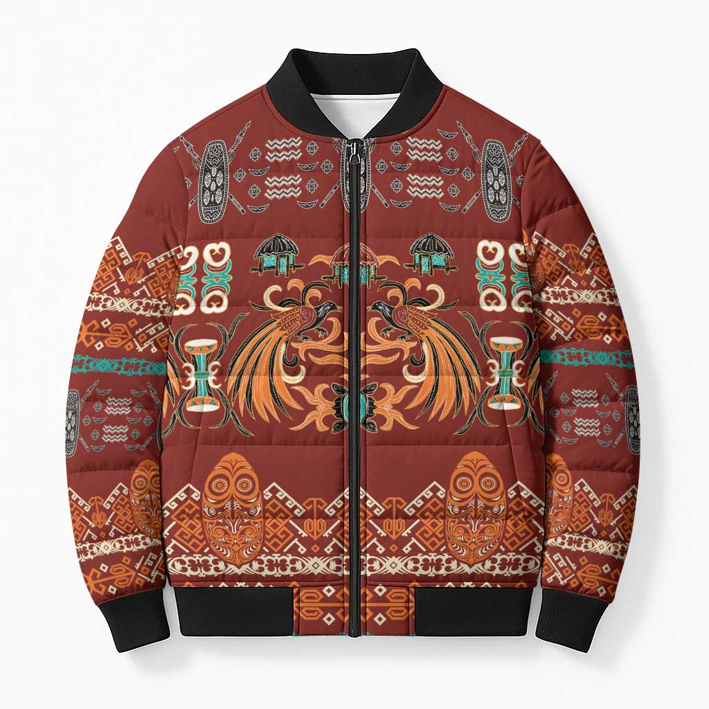 Oxblood Batik Papua-inspired Pattern Bomber Puffer Jacket LT9 Unisex Red - Polynesian Pride