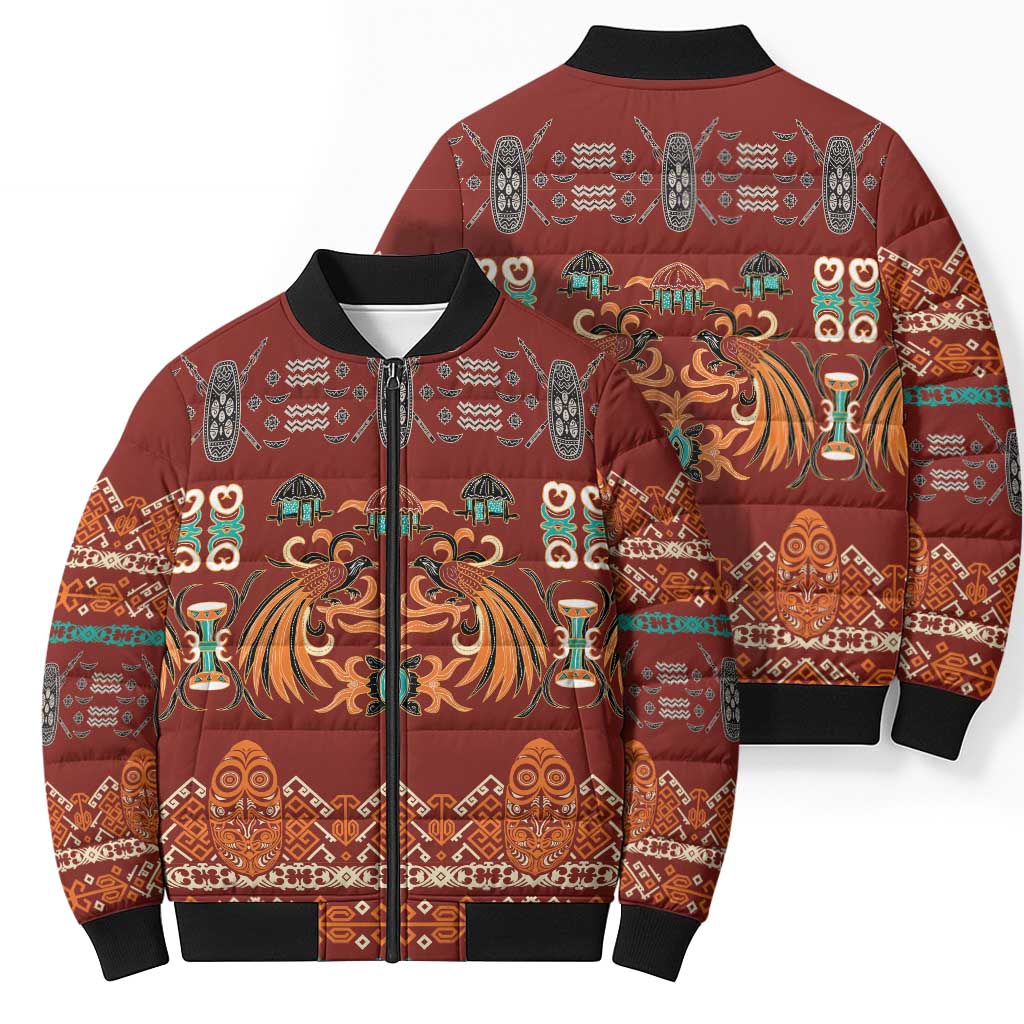 Oxblood Batik Papua-inspired Pattern Bomber Puffer Jacket LT9 - Polynesian Pride