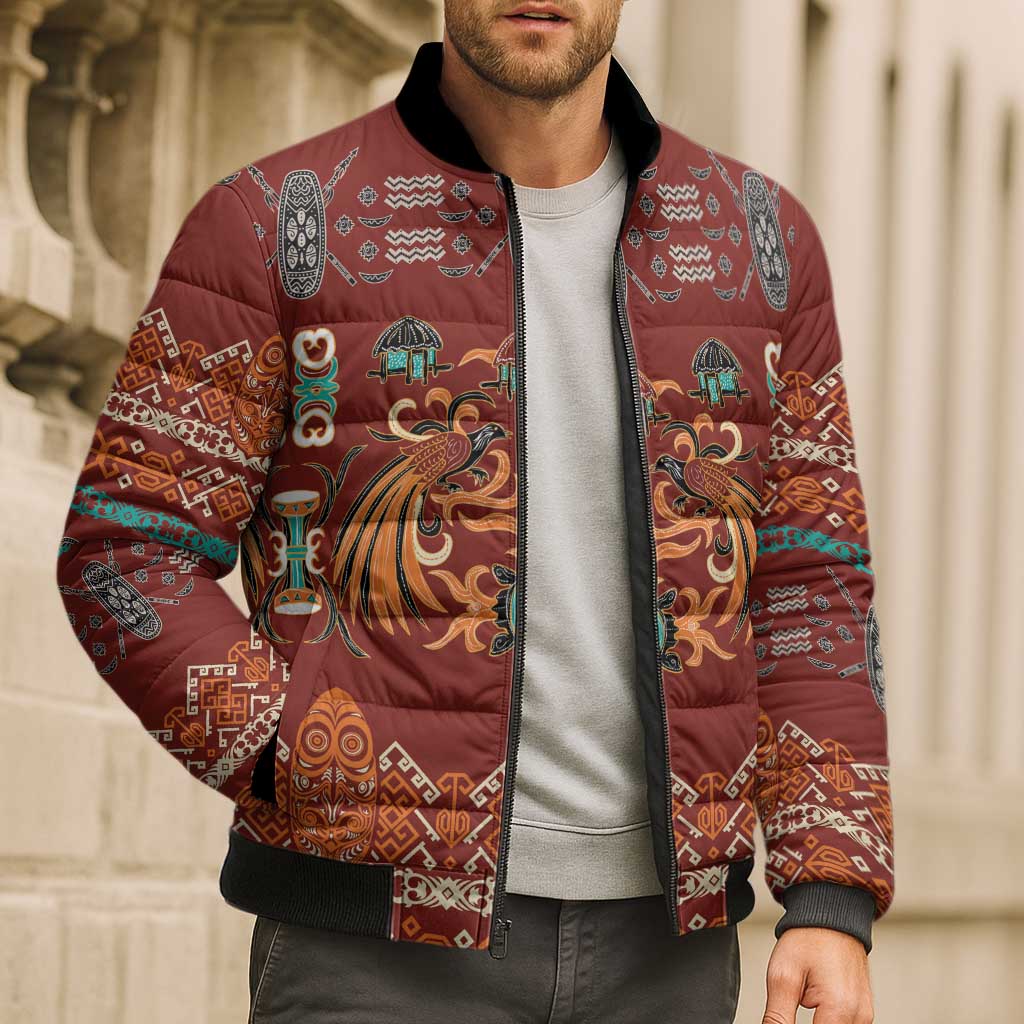 Oxblood Batik Papua-inspired Pattern Bomber Puffer Jacket LT9 - Polynesian Pride