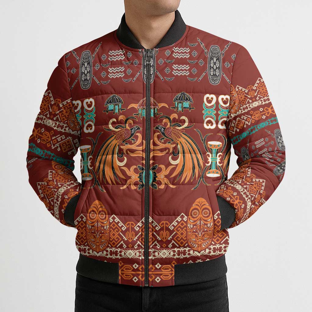 Oxblood Batik Papua-inspired Pattern Bomber Puffer Jacket LT9 - Polynesian Pride