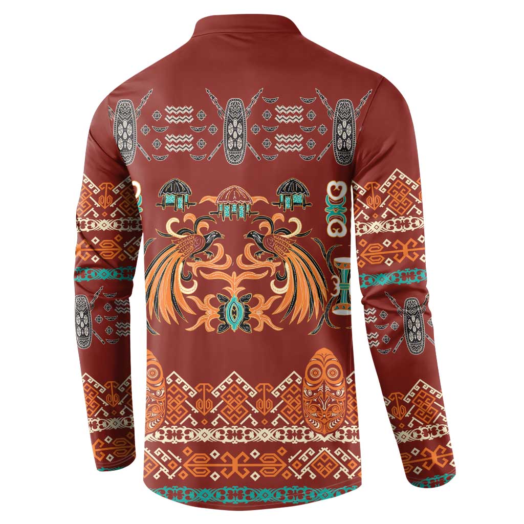 Oxblood Batik Papua-inspired Pattern Button Sweatshirt LT9 - Polynesian Pride