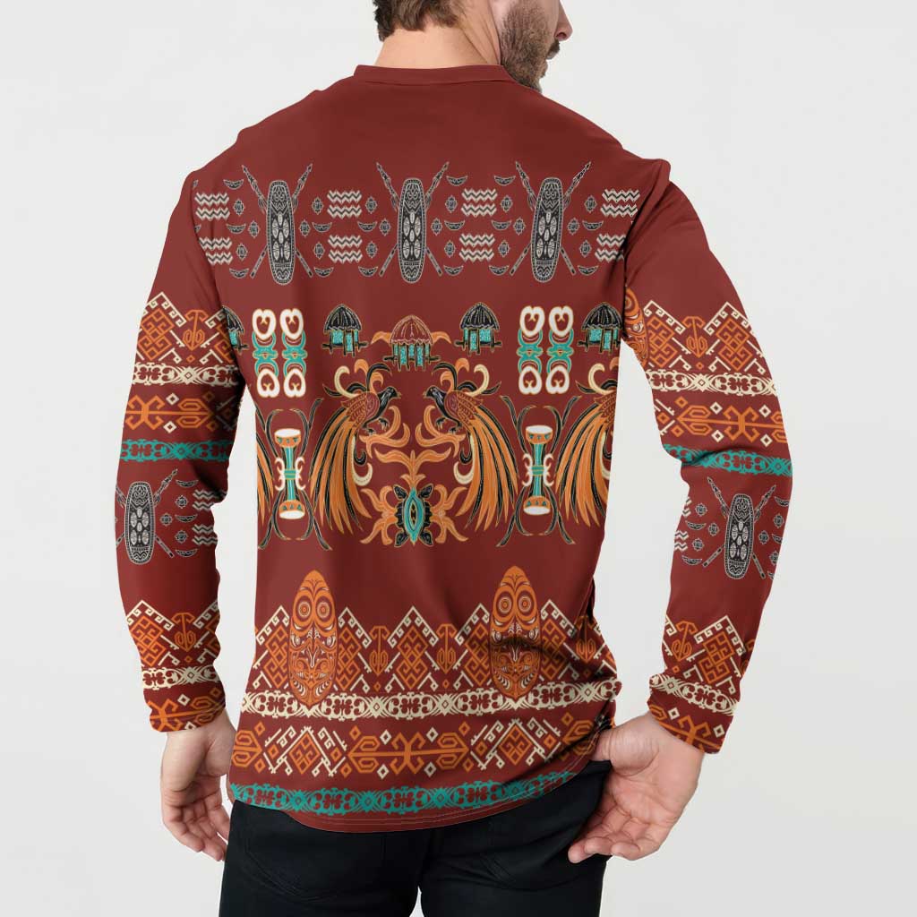Oxblood Batik Papua-inspired Pattern Button Sweatshirt LT9 - Polynesian Pride