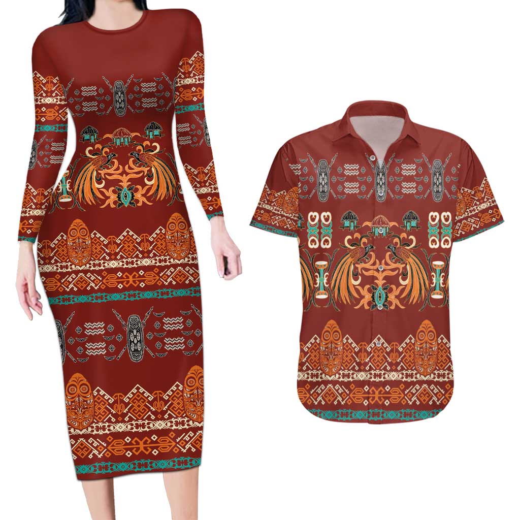 Oxblood Batik Papua-inspired Pattern Couples Matching Long Sleeve Bodycon Dress and Hawaiian Shirt - Polynesian Pride