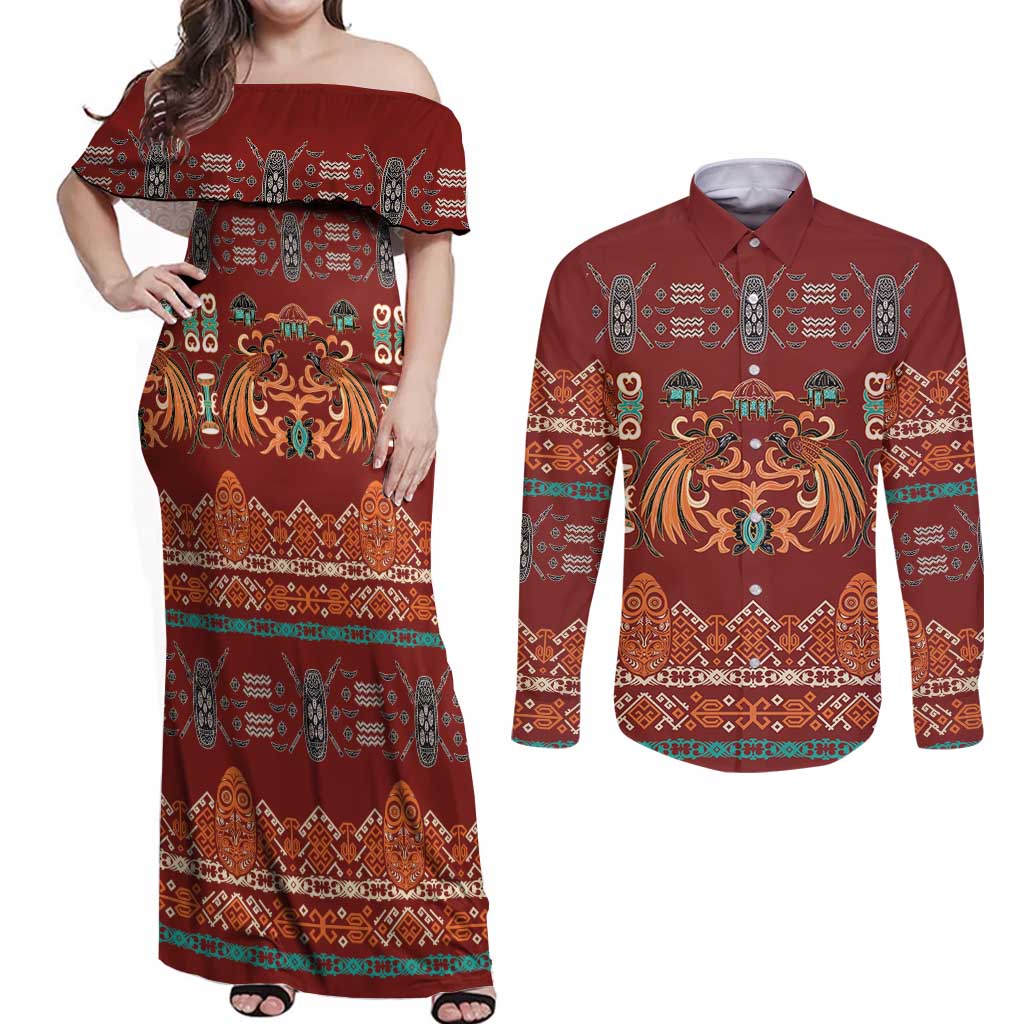 Oxblood Batik Papua-inspired Pattern Couples Matching Off Shoulder Maxi Dress and Long Sleeve Button Shirt - Polynesian Pride