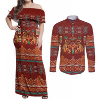Oxblood Batik Papua-inspired Pattern Couples Matching Off Shoulder Maxi Dress and Long Sleeve Button Shirt - Polynesian Pride
