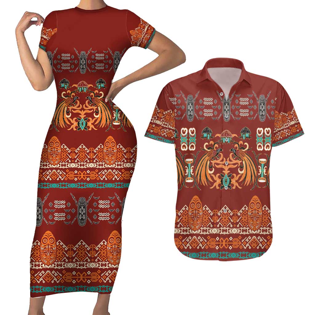 Oxblood Batik Papua-inspired Pattern Couples Matching Short Sleeve Bodycon Dress and Hawaiian Shirt - Polynesian Pride