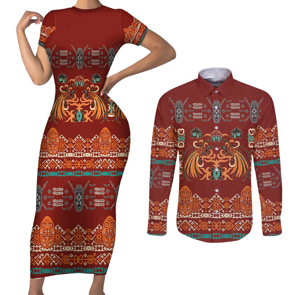 Oxblood Batik Papua-inspired Pattern Couples Matching Short Sleeve Bodycon Dress and Long Sleeve Button Shirt - Polynesian Pride