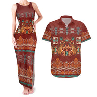 Oxblood Batik Papua-inspired Pattern Couples Matching Tank Maxi Dress and Hawaiian Shirt - Polynesian Pride
