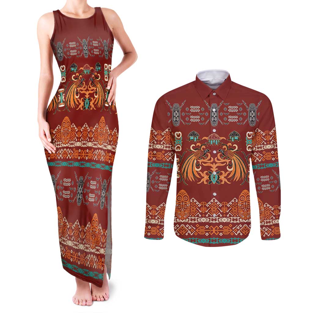 Oxblood Batik Papua-inspired Pattern Couples Matching Tank Maxi Dress and Long Sleeve Button Shirt - Polynesian Pride