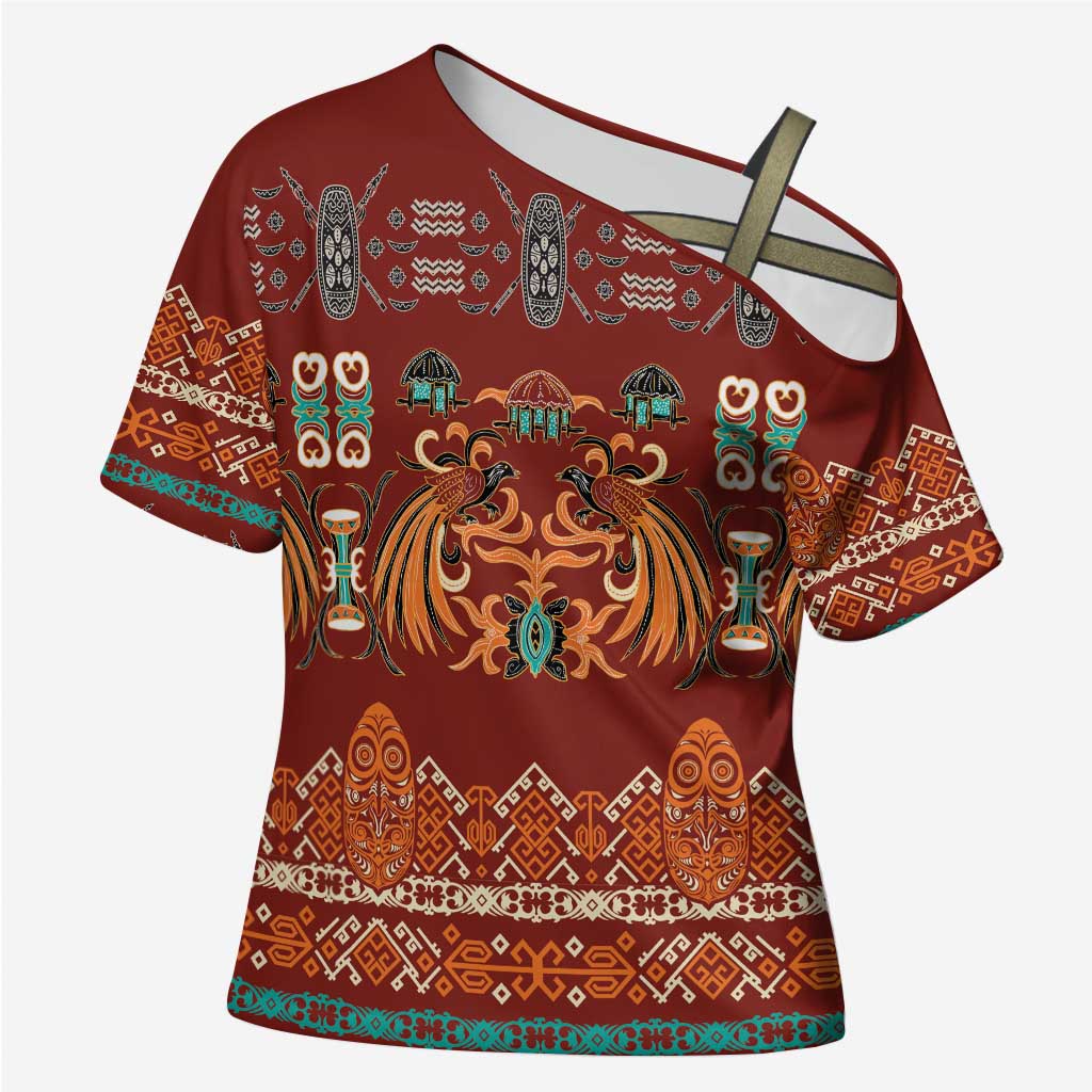 Oxblood Batik Papua-inspired Pattern Cross Shoulder Shirt LT9 Female Red - Polynesian Pride