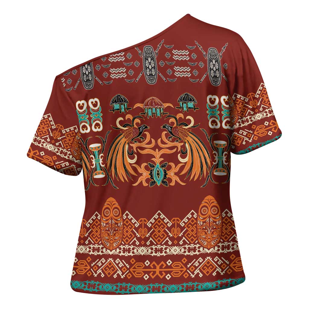 Oxblood Batik Papua-inspired Pattern Cross Shoulder Shirt LT9 - Polynesian Pride