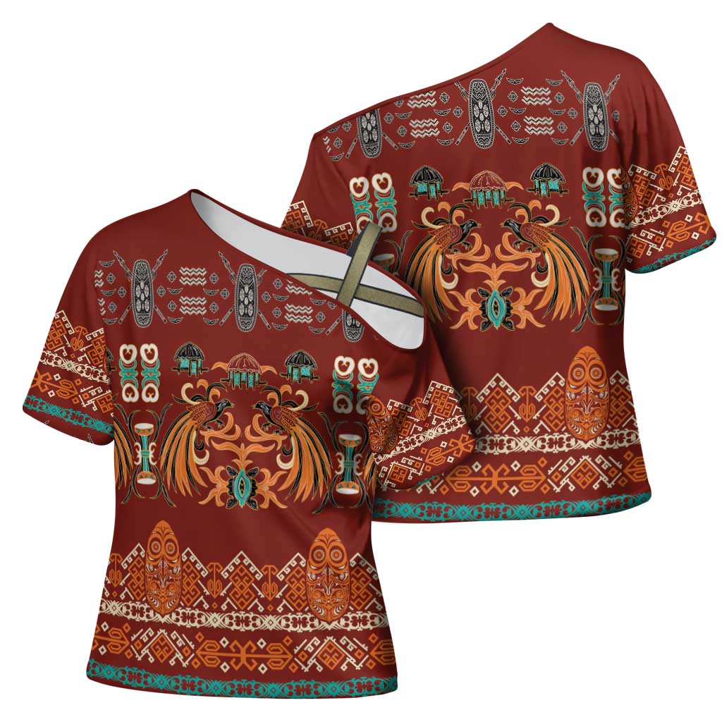 Oxblood Batik Papua-inspired Pattern Cross Shoulder Shirt LT9 - Polynesian Pride