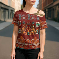 Oxblood Batik Papua-inspired Pattern Cross Shoulder Shirt LT9 - Polynesian Pride
