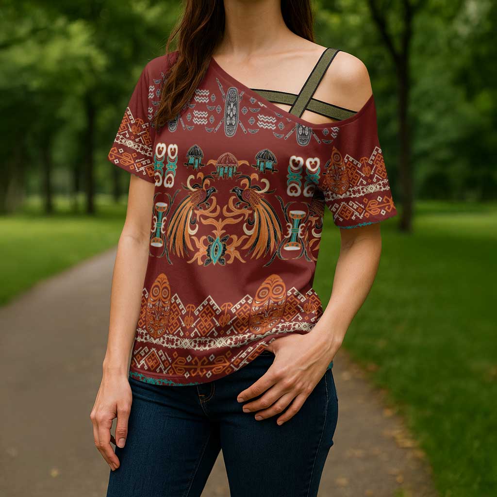 Oxblood Batik Papua-inspired Pattern Cross Shoulder Shirt LT9 - Polynesian Pride