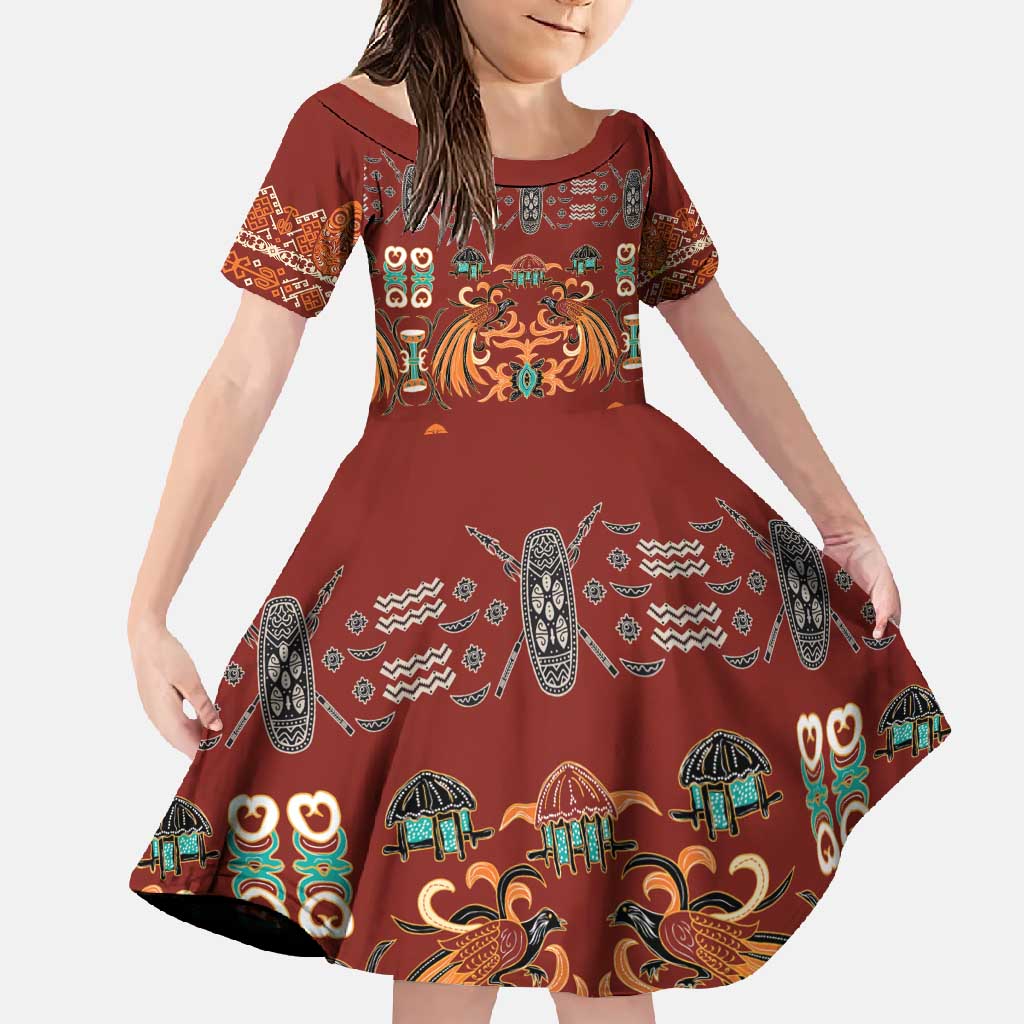 Oxblood Batik Papua-inspired Pattern Family Matching Long Sleeve Bodycon Dress and Hawaiian Shirt LT9 Daughter's Dress Red - Polynesian Pride