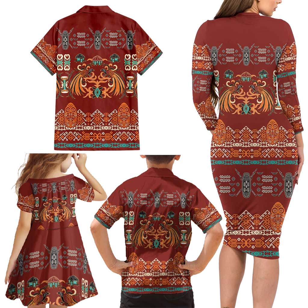 Oxblood Batik Papua-inspired Pattern Family Matching Long Sleeve Bodycon Dress and Hawaiian Shirt LT9 - Polynesian Pride