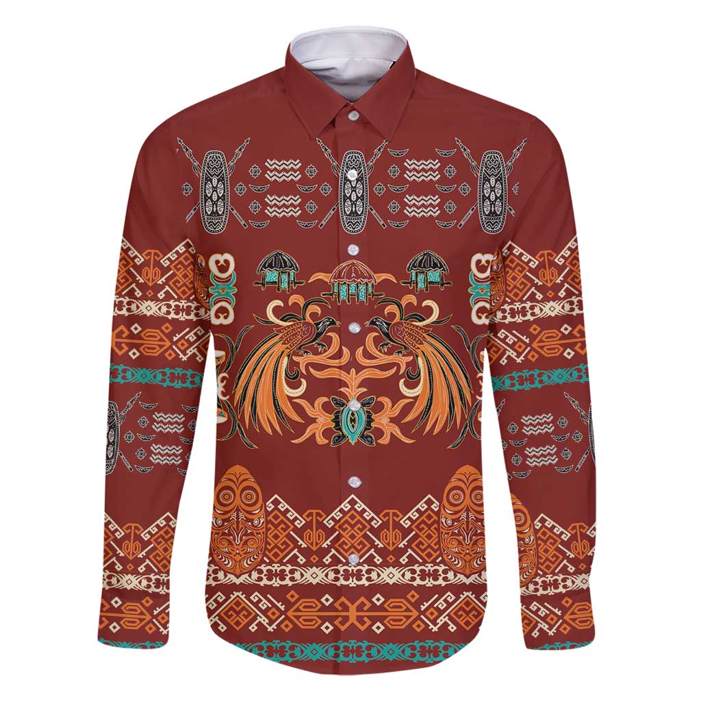Oxblood Batik Papua-inspired Pattern Family Matching Long Sleeve Bodycon Dress and Hawaiian Shirt LT9 Dad's Shirt - Long Sleeve Red - Polynesian Pride