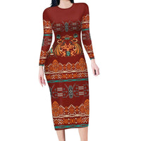 Oxblood Batik Papua-inspired Pattern Family Matching Long Sleeve Bodycon Dress and Hawaiian Shirt LT9 Mom's Dress Red - Polynesian Pride