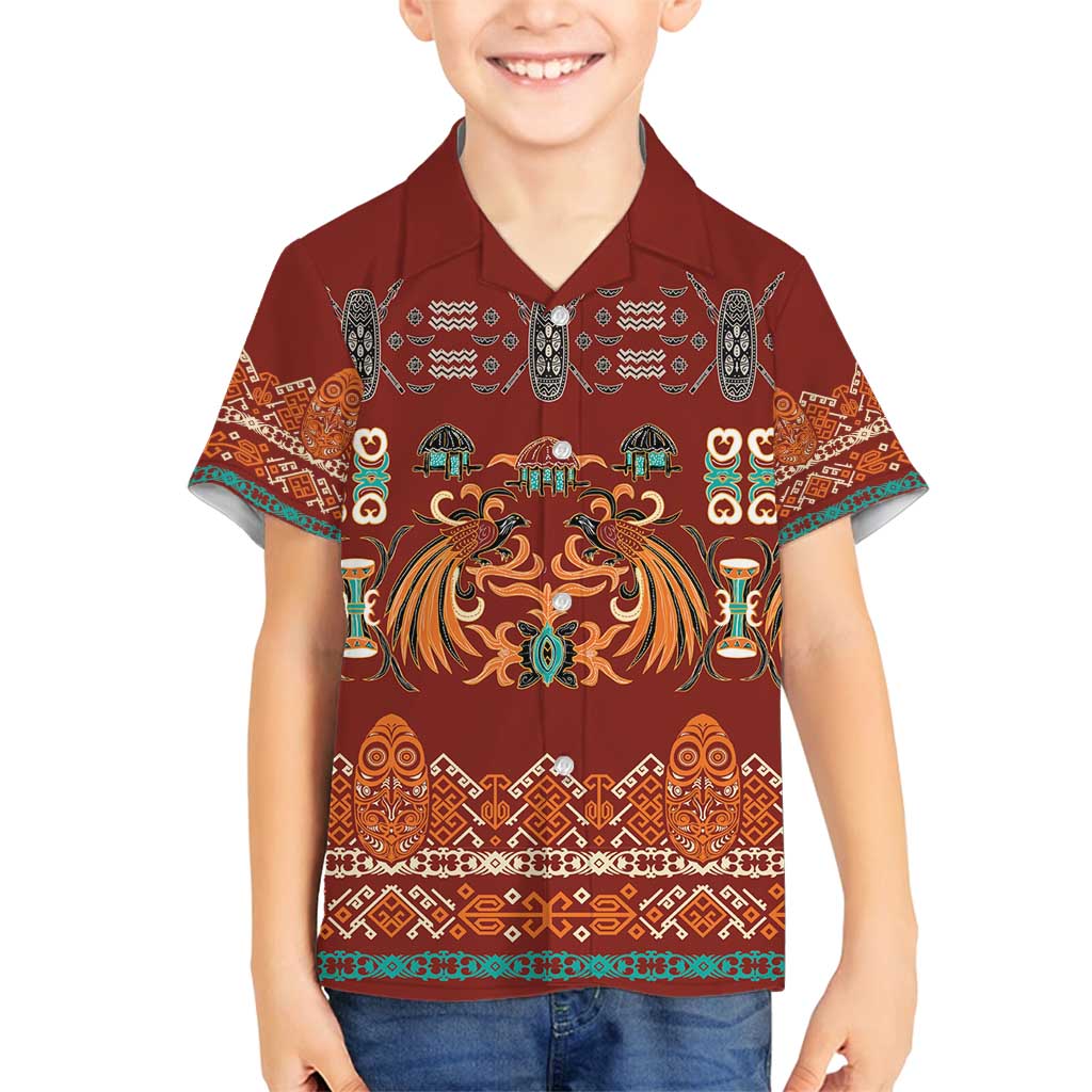 Oxblood Batik Papua-inspired Pattern Family Matching Long Sleeve Bodycon Dress and Hawaiian Shirt LT9 Son's Shirt Red - Polynesian Pride