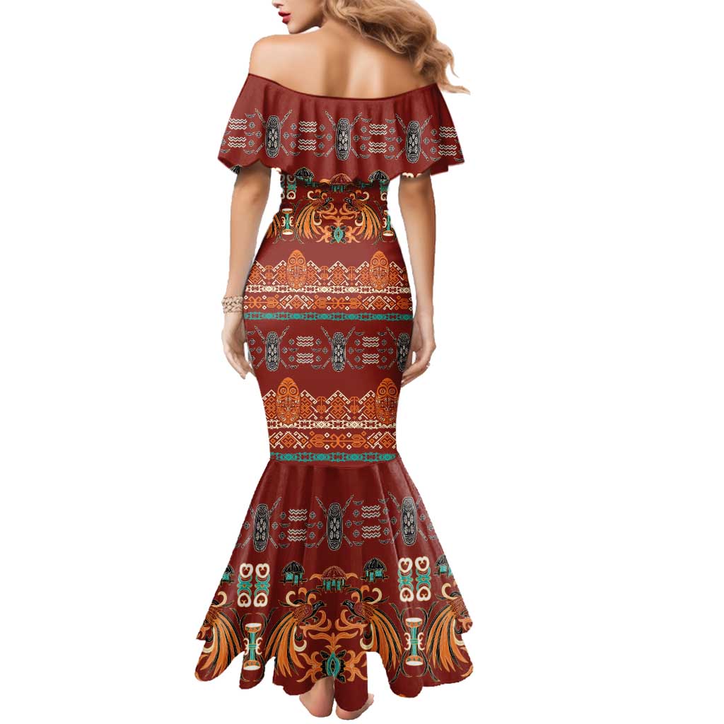 Oxblood Batik Papua-inspired Pattern Family Matching Mermaid Dress and Hawaiian Shirt - Polynesian Pride
