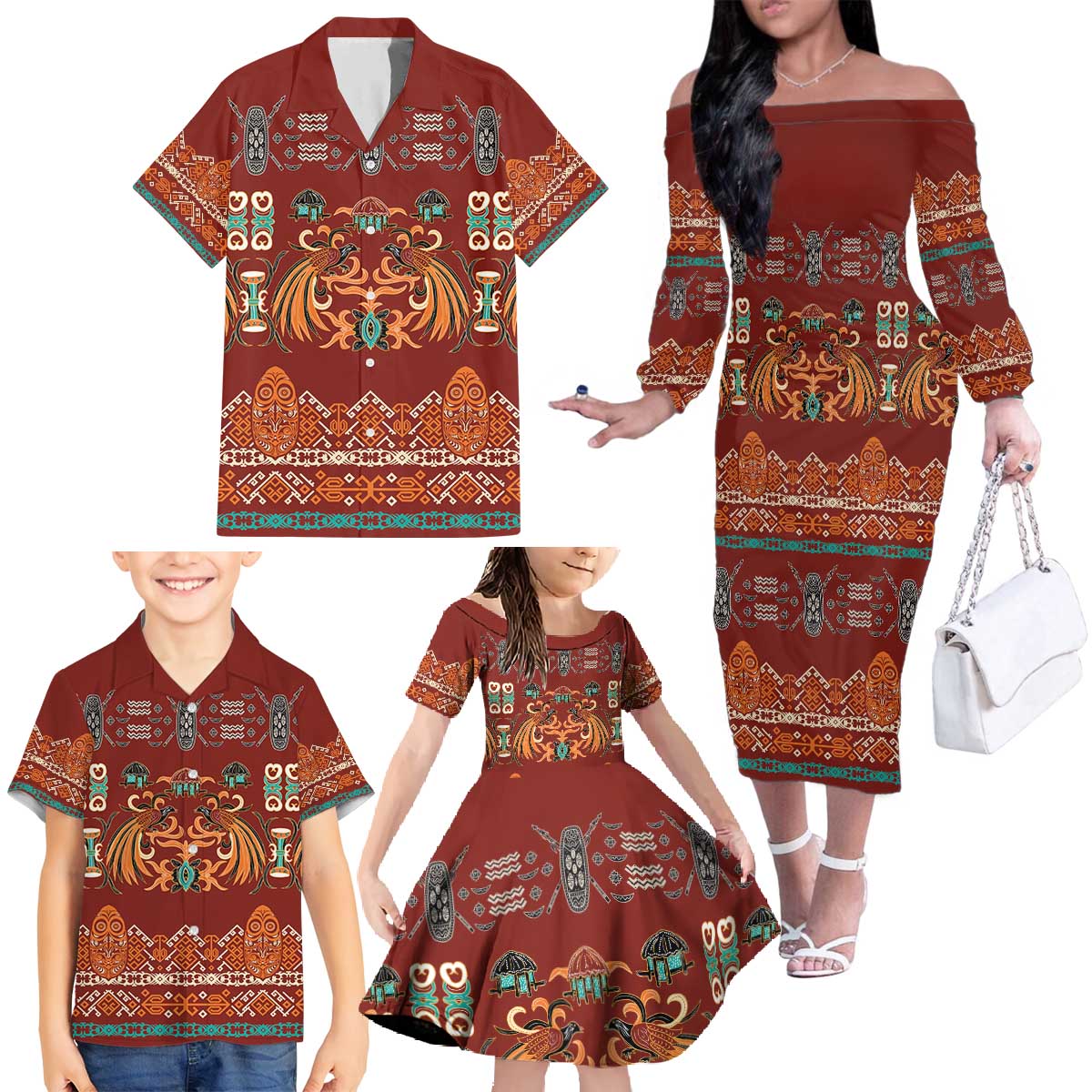 Oxblood Batik Papua-inspired Pattern Family Matching Off The Shoulder Long Sleeve Dress and Hawaiian Shirt - Polynesian Pride